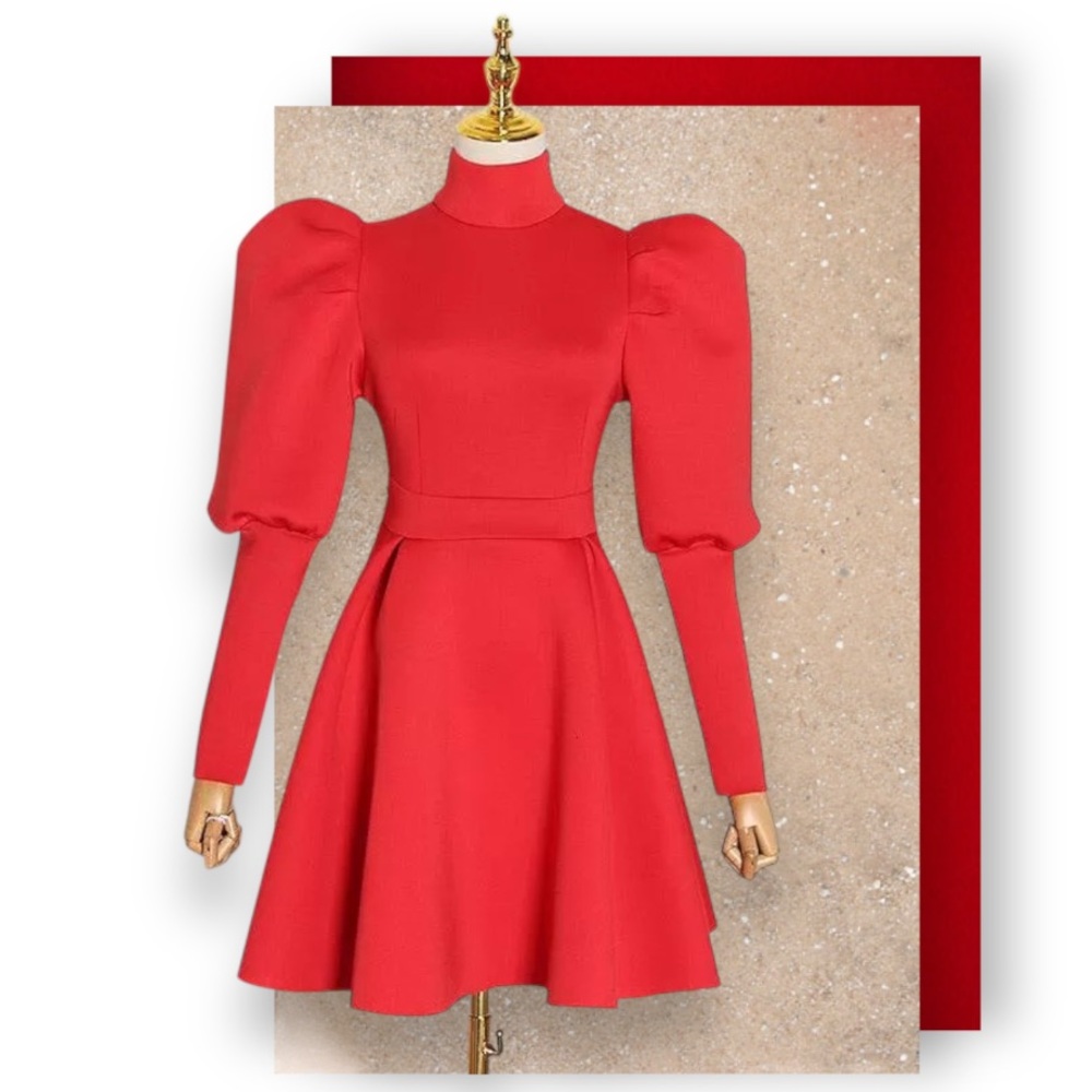 Exaggerated Puff Shoulder Long Sleeve Flared Pleated A-Line Romantic Skirt Dress